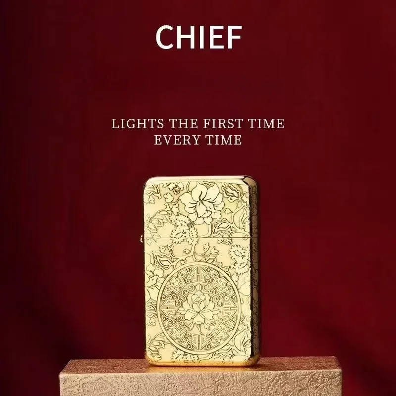 CHIEF Exquisite Brass Kerosene Lighter Slim Windproof Vintage Grinding Wheel Ignition Lighters Smoking Accessories Men's Gifts