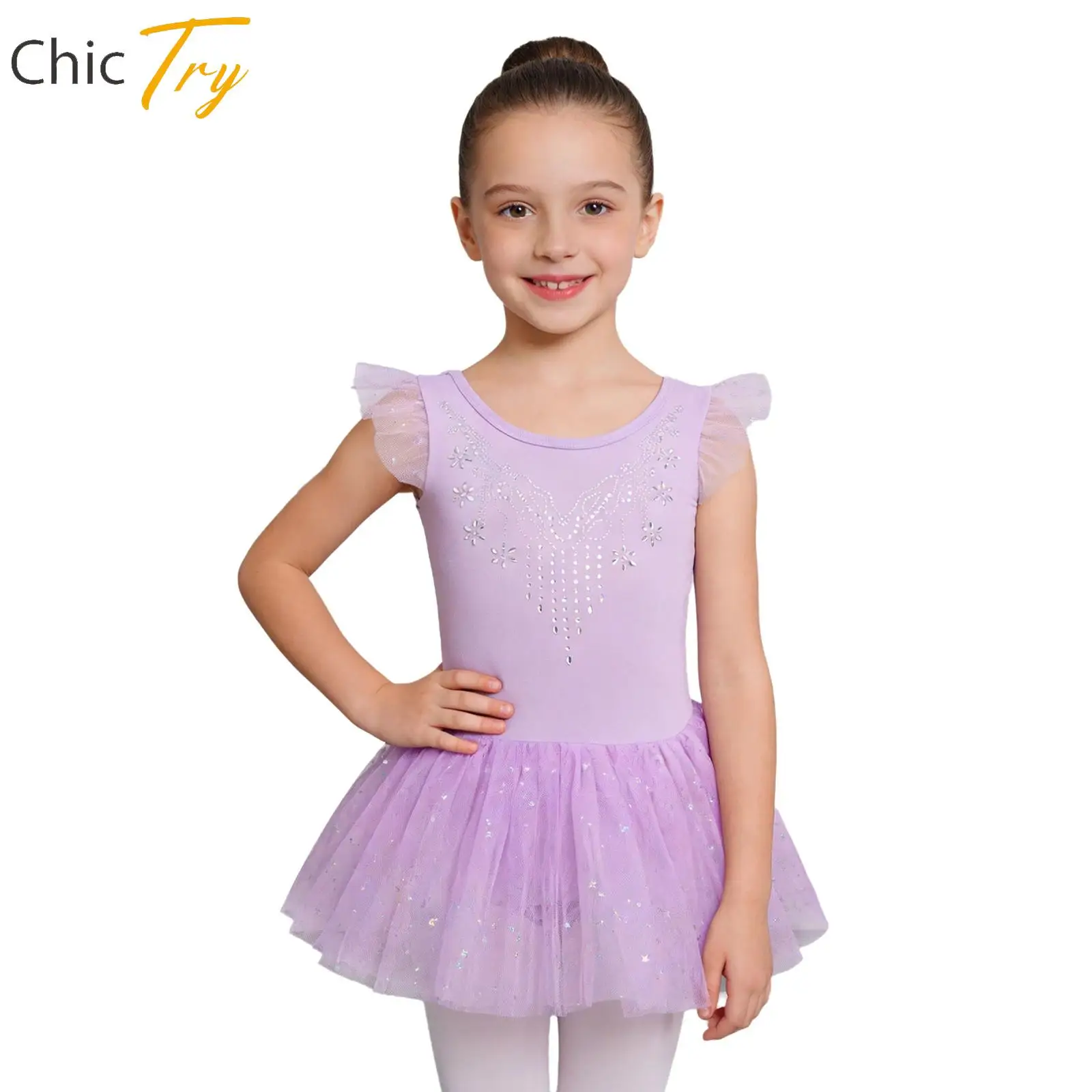 

Детское балетное гимнастическое платье-трико для девочек с рюшами на рукавах, бантом на спине, стразами на лифе, пайетками и фатином, для выступлений и танцев