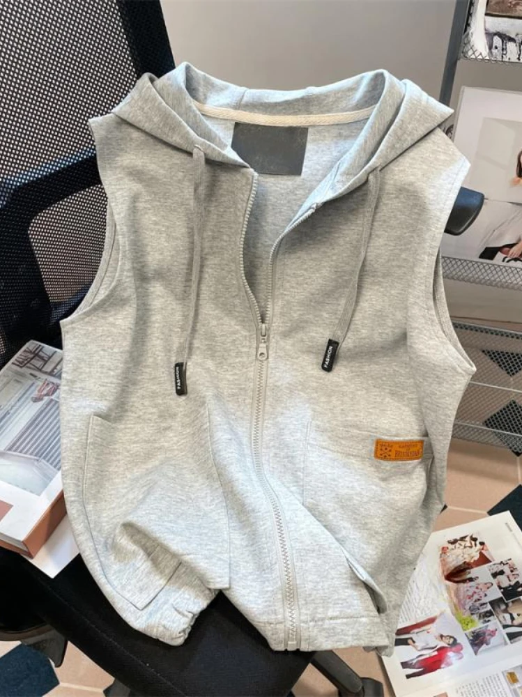 Preppy Style Hoodies Solid Color Pockets Zipper Sleeveless Vests Sweatshirts Simple Plus Size All Match Vintage Women Clothing