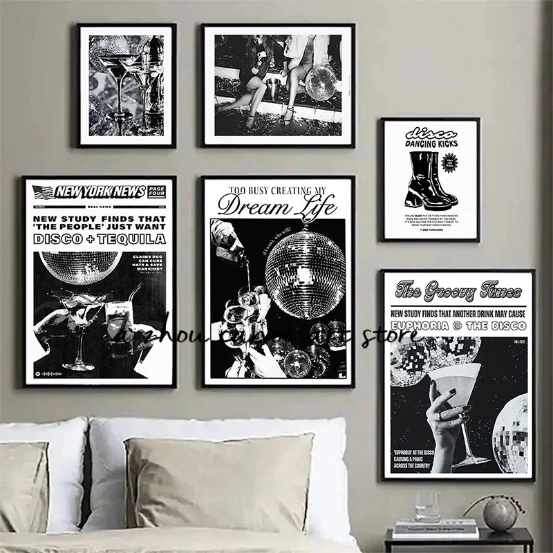 Retro Black and White Dancing Disco Alcohol Champagne Trendy Art Poster Canvas Painting Wall Prints Picture for Room Home Decor