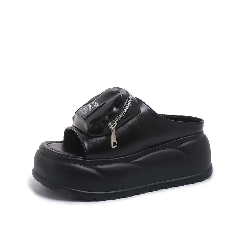 New platform mules slippers women's concise chunky slides shoes outdoor slippers woman silver zipper clogs ladies high slippers