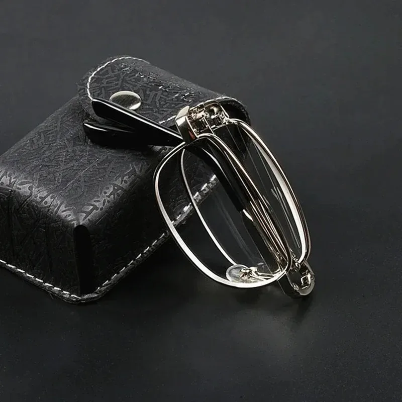 Folding Reading Glasses For Men Portable Eyeglasses Frame With Case Sliver Square Full Frame+0.5+0.75+1+1.25+1.5+1.75+2.25