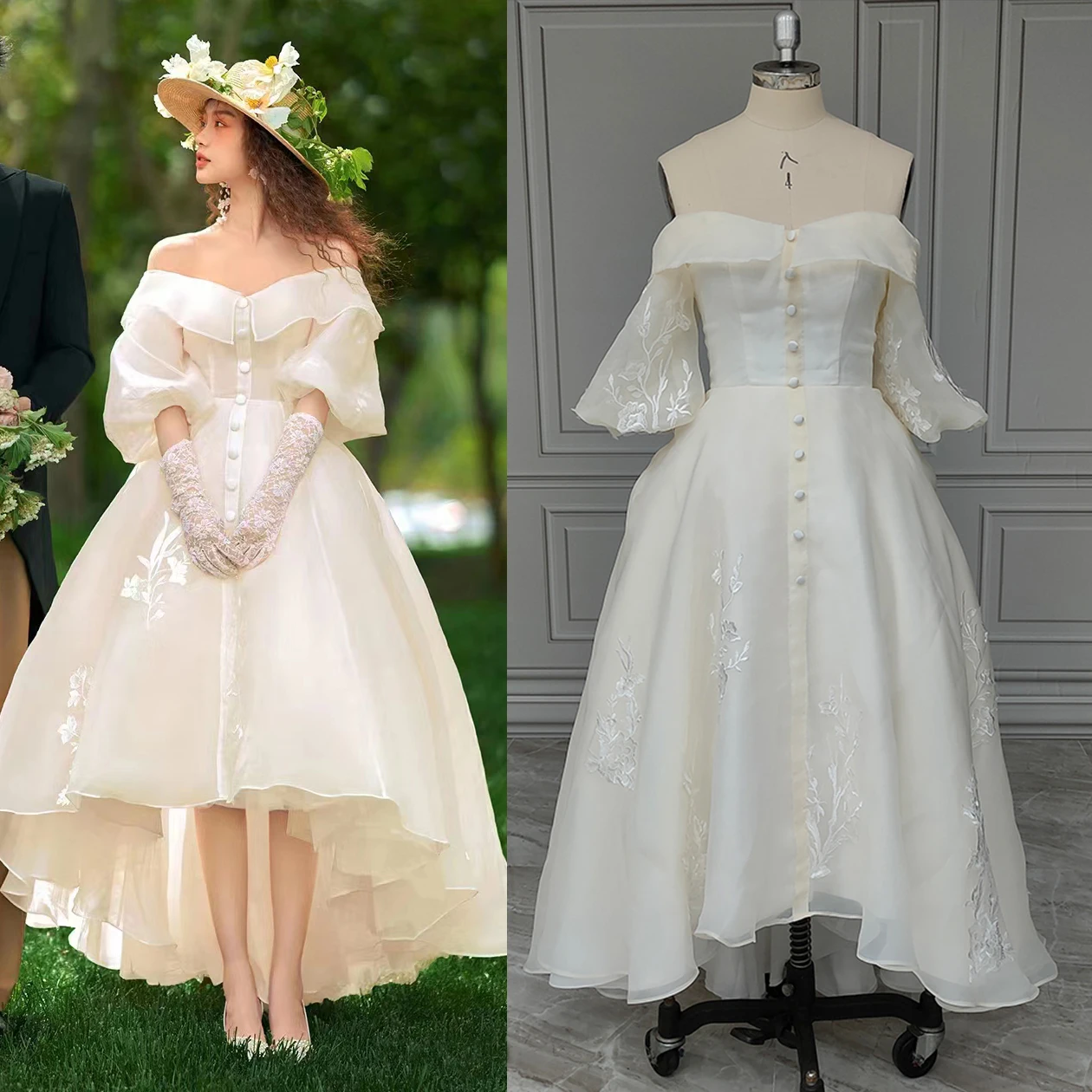 Robe de Mariée en Organza à Manches Courtes et Appliques en Ivoire, Personnalisée, Haut Bas, Style Victorien, avec lèvent Classiques, à Lacets, pour Patients