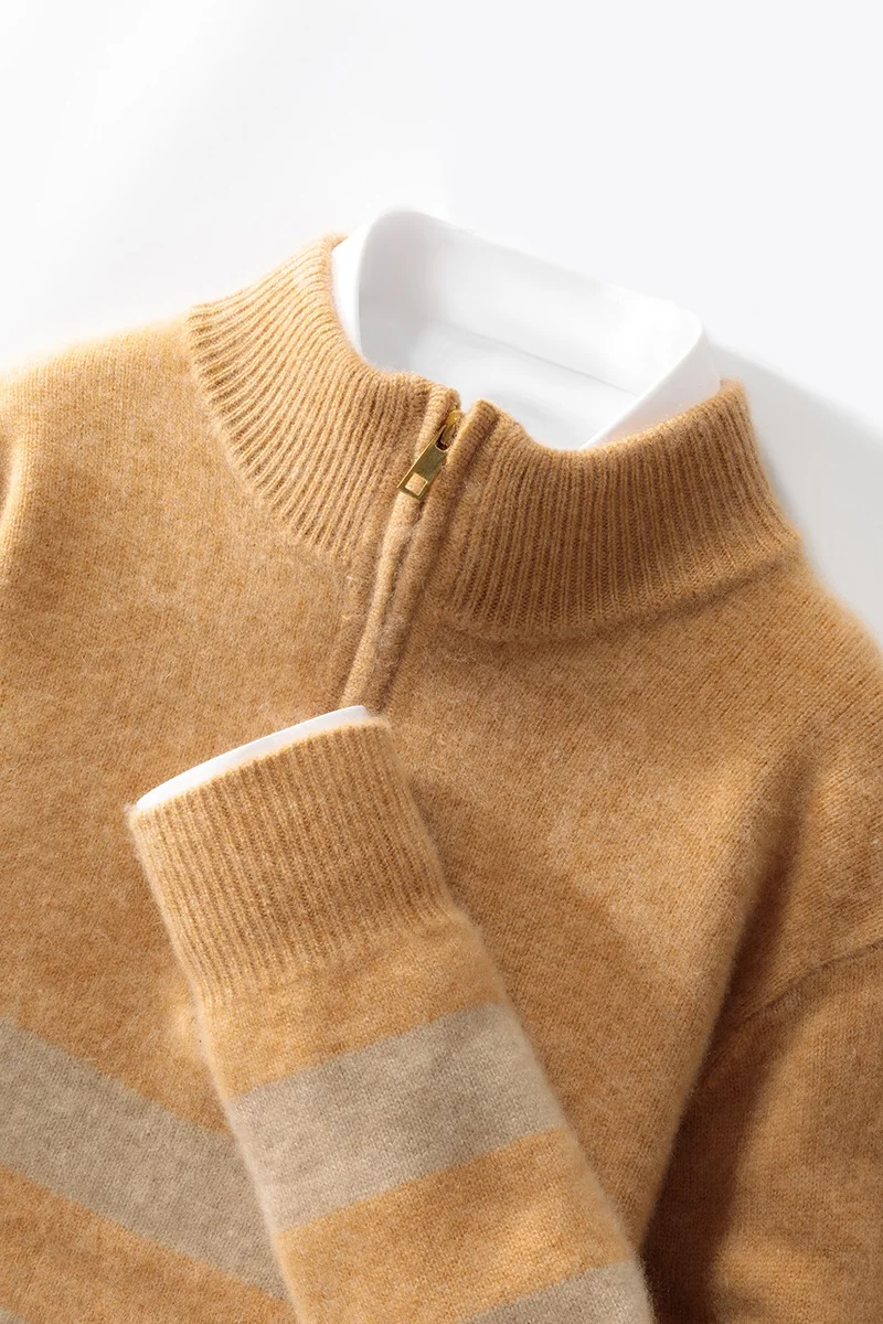 100% cashmere sweater men's semi-high neck zipper thick color matching sweater business casual knitting bottoming shirt