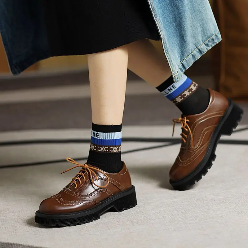 SIMLOVEYO 2025 Vintage Female Pumps Round Toe Thick Heels 4cm Lace Up Breathable Plus Size 41 42 43 Leisure Daily Women Shoes