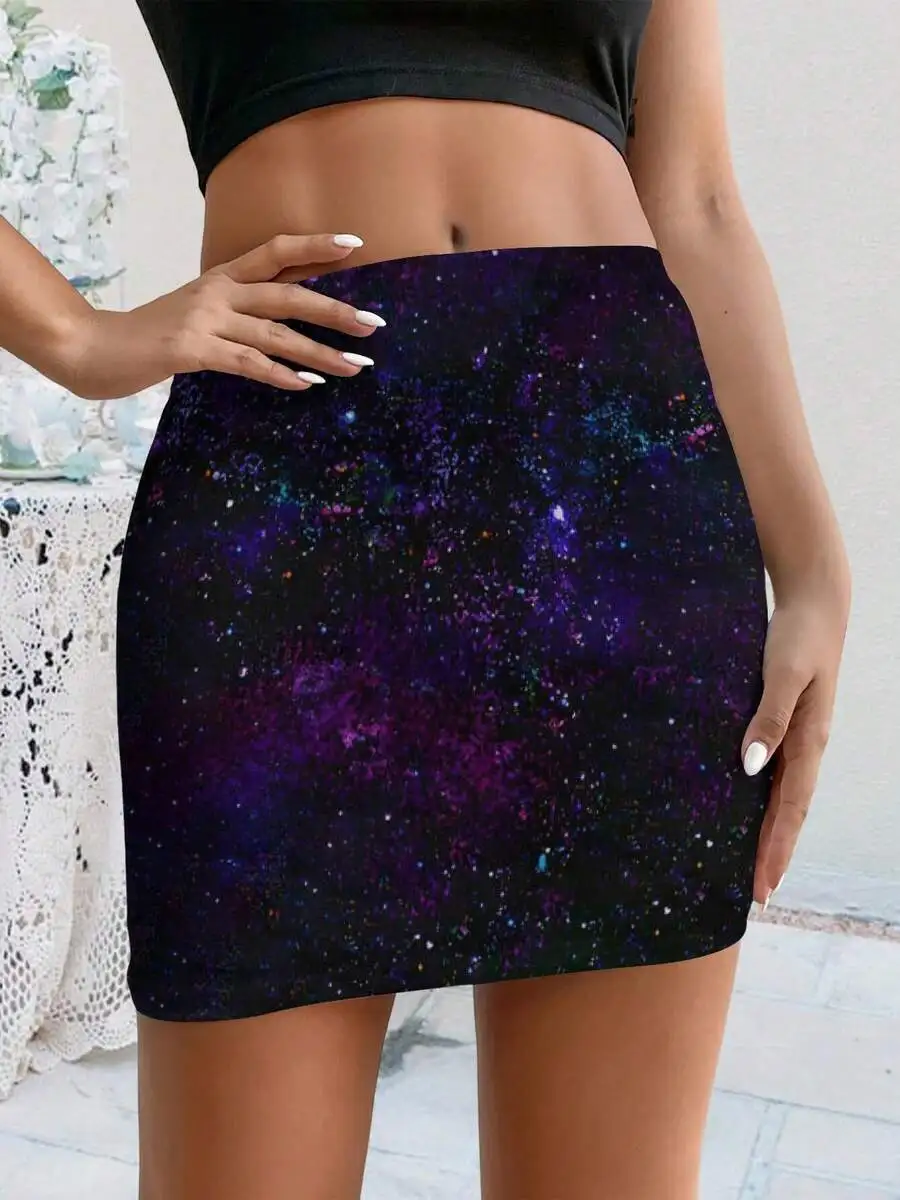Women Galaxy Print Bodycon Mini Skirt Casual Fitted Space Theme Summer