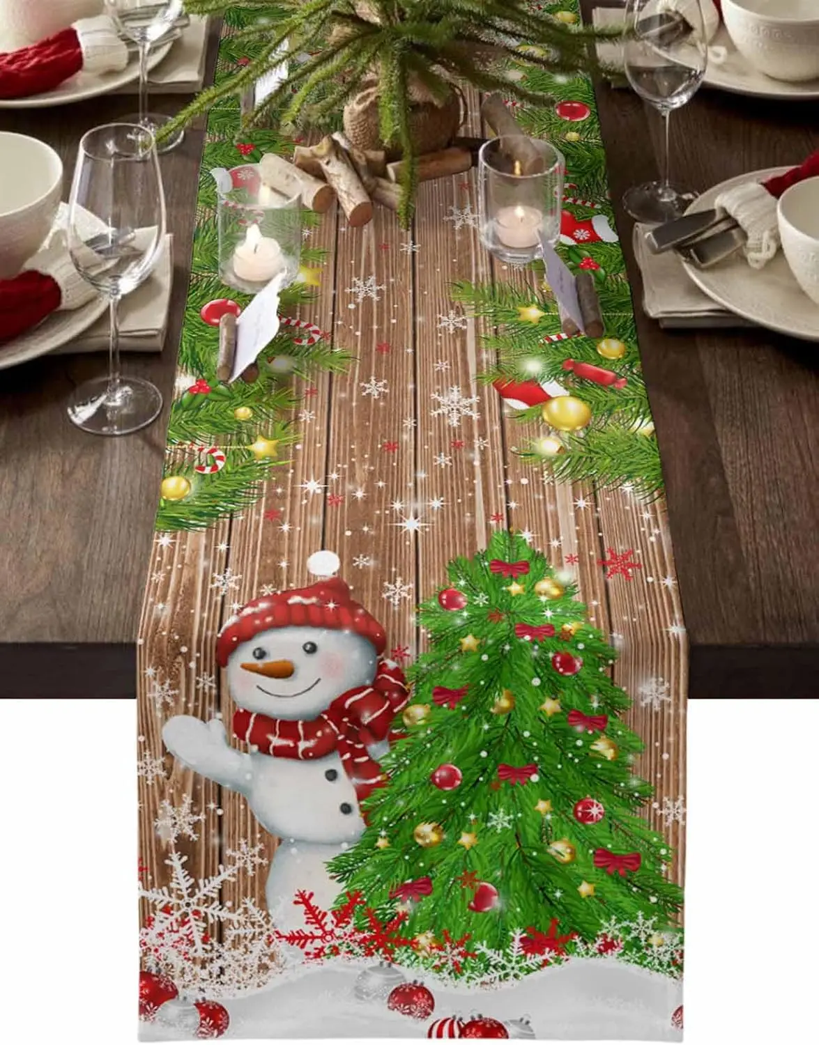 Merry Christmas Tree Snowman Linen Table Runner Party Decor Xmas Ball Snowflake Kitchen Dining Table Runner Christmas Decoration