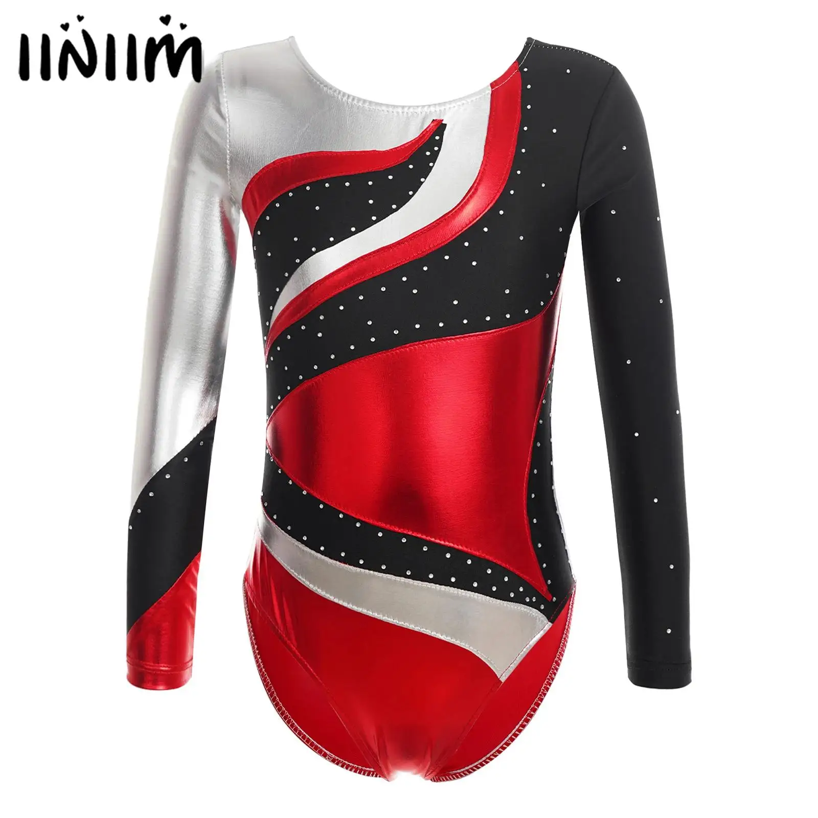 

Kids Girls Gymnastics Ballet Skating Leotards Costumes Long Sleeve Round Neckline Shiny Rhinestone Bronzing Cloth Dance Leotards