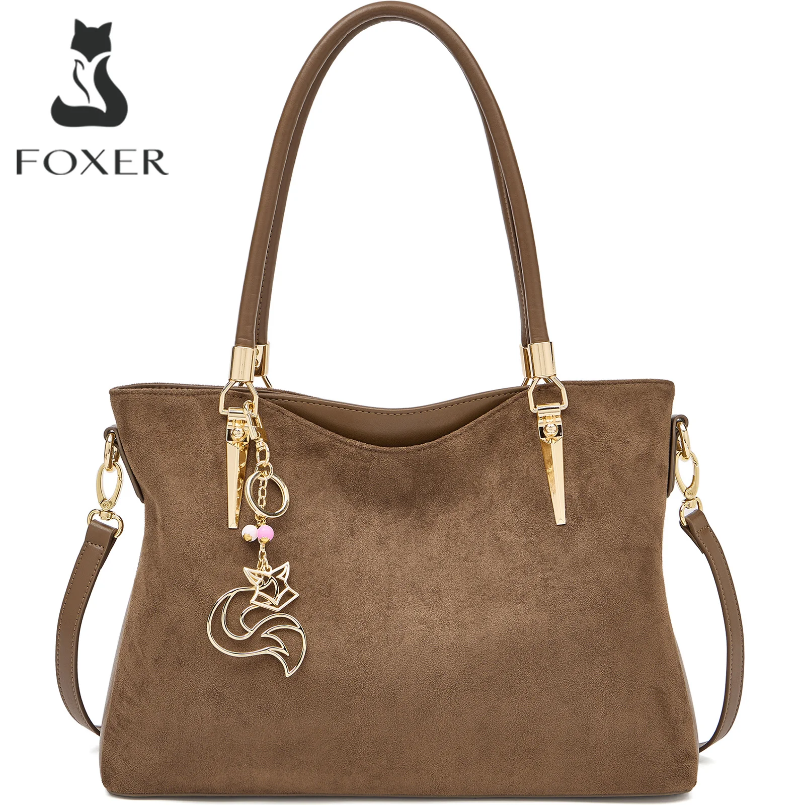 FOXER Vintage Suede Women's Handbag Large Capacity Casual Tote Bag Female Shoulder Crossbody Bag Fashion Daily Commuter Purse