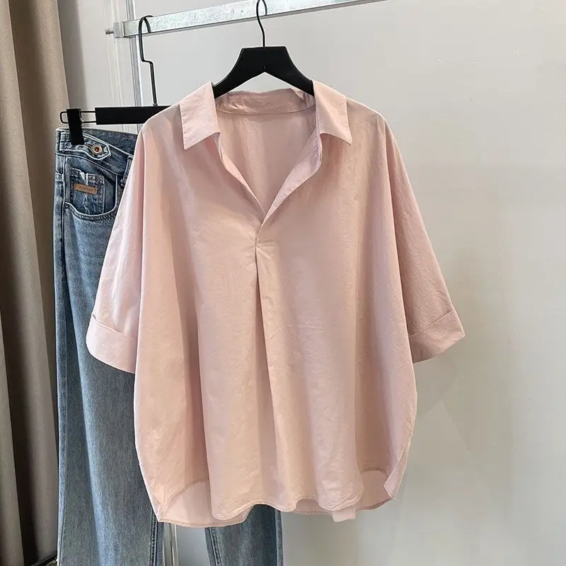 

Lazy Style Pure Cotton Short Sleeved Solid Shirt for Women Summer Casual Loose Versatile Pullover Tops Fashion Women Clothing