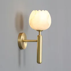 Modern Chinese Style Bedroom Bedside Flower Bud Marble Wall Lamp Luxury Living Room Background Porch Led Copper Lighting