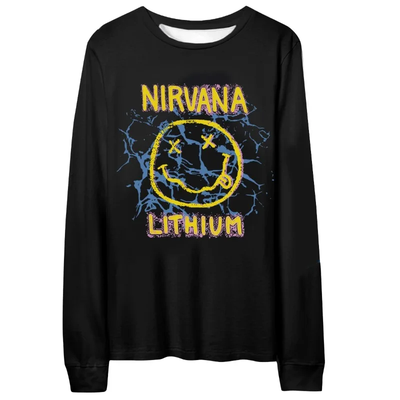 جديد الخريف والشتاء ثلاثية الأبعاد مطبوعة نيرفانا الفرقة كوبين روك وجه مبتسم ابتسامة الرجعية المطبوعة العصرية قمة الموضة قميص طويل الأكمام