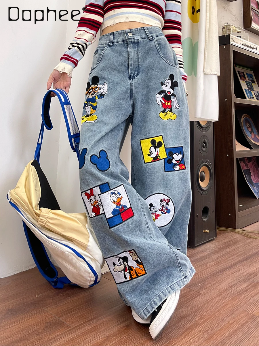 Funny Cartoon Embroidered Jeans for Women 2024 Spring New Loose American Fashion Brand Wide Leg Trousers Blue Jeans