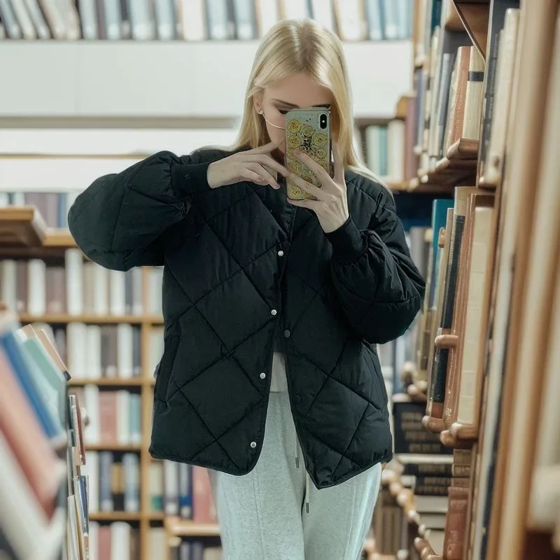 2025 Women's Winter Winter Jacket Female Round Neck Single Breasted Diamond Patterned Cotton Jacket Women's Pure Collor Coats