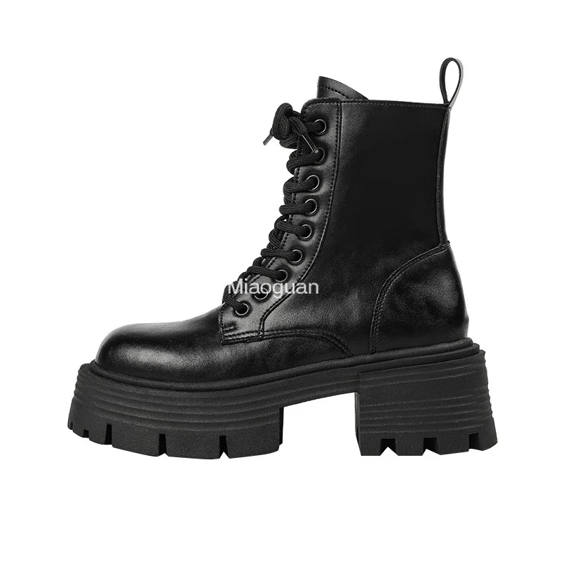 Winter Ankle Lace Up Chelsea Boots Women 2023 New Motorcycle Boot Platform Round Toe Chunky Shoes Goth Casual Punk Black Lady PU