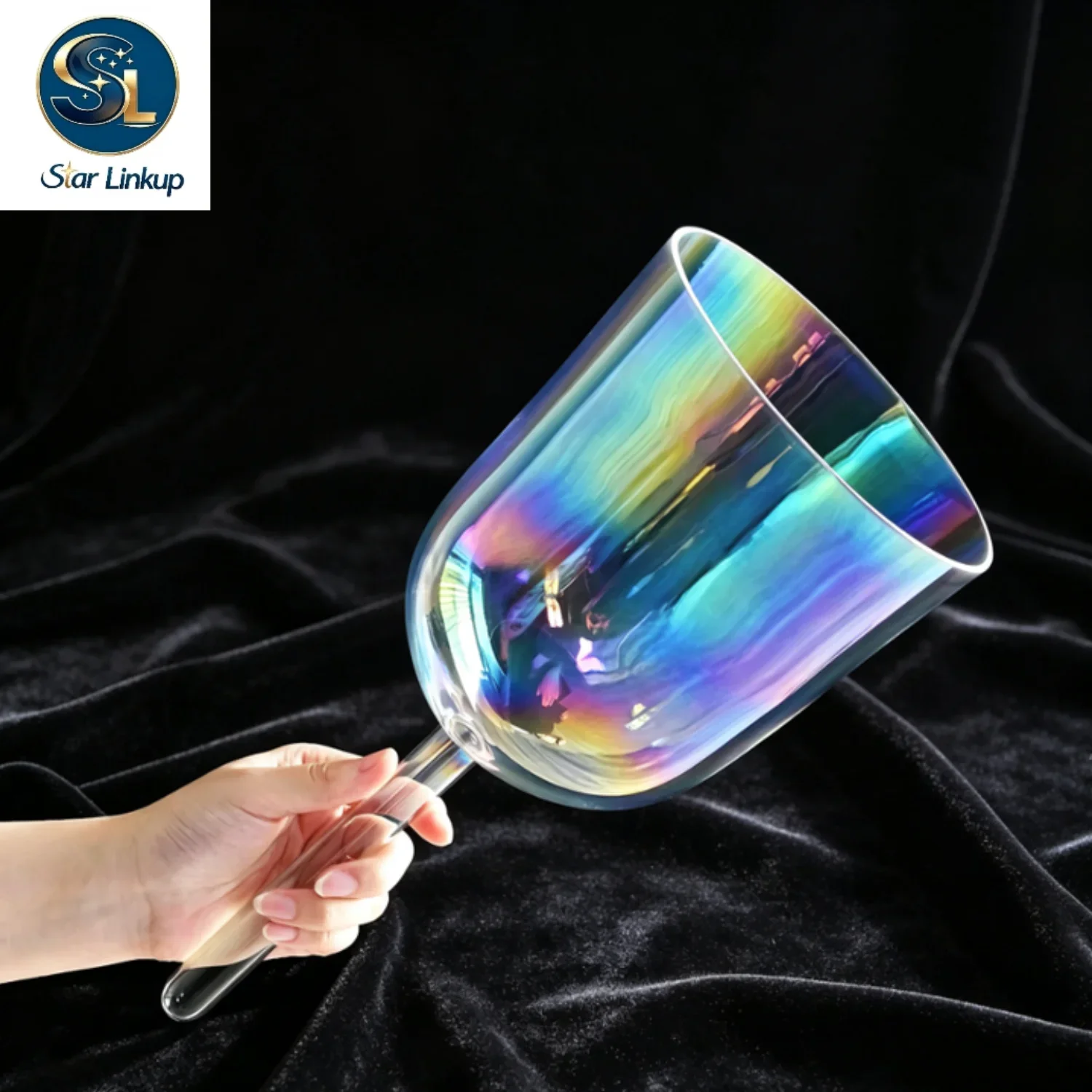 STAR LINKUP 6.5 Inch Cosmic Light Clear Quartz Crystal Singing Bowl with Handle for Stress Relief Sound Healing and Meditation