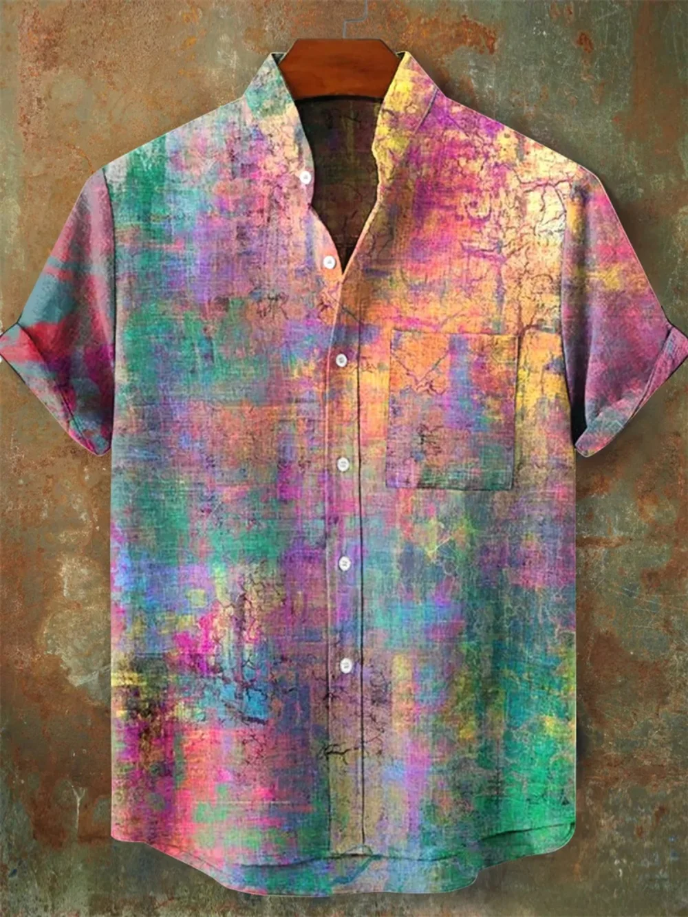 

Мужская льняная рубашка с коротким рукавом и принтом граффити в стиле ретро, повседневный кардиган на пуговицах с воротником-стойкой, высококачественный уличный модный топ