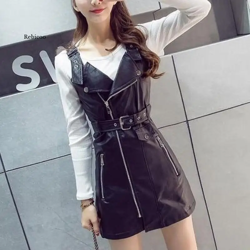 Faux Leather One Shoulder Sexy Dress Women V-neck PU Belt Bodycon Ladies Mini Dresses Strapless Zipper Female New