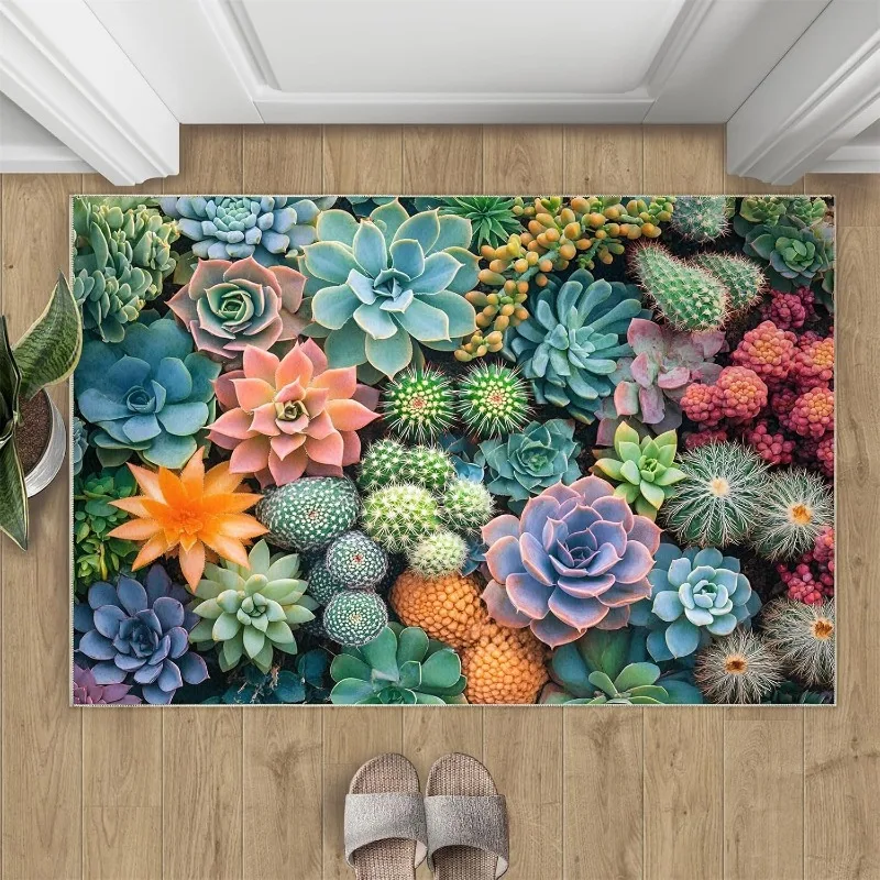 Bunte Sukkulenten-Fußmatte mit Blumen- und Pflanzendruck, Willkommens-Teppich, weicher, rutschfester Eingangsteppich für Wohnzimmer, Schlafzimmer, Eingangsbereich