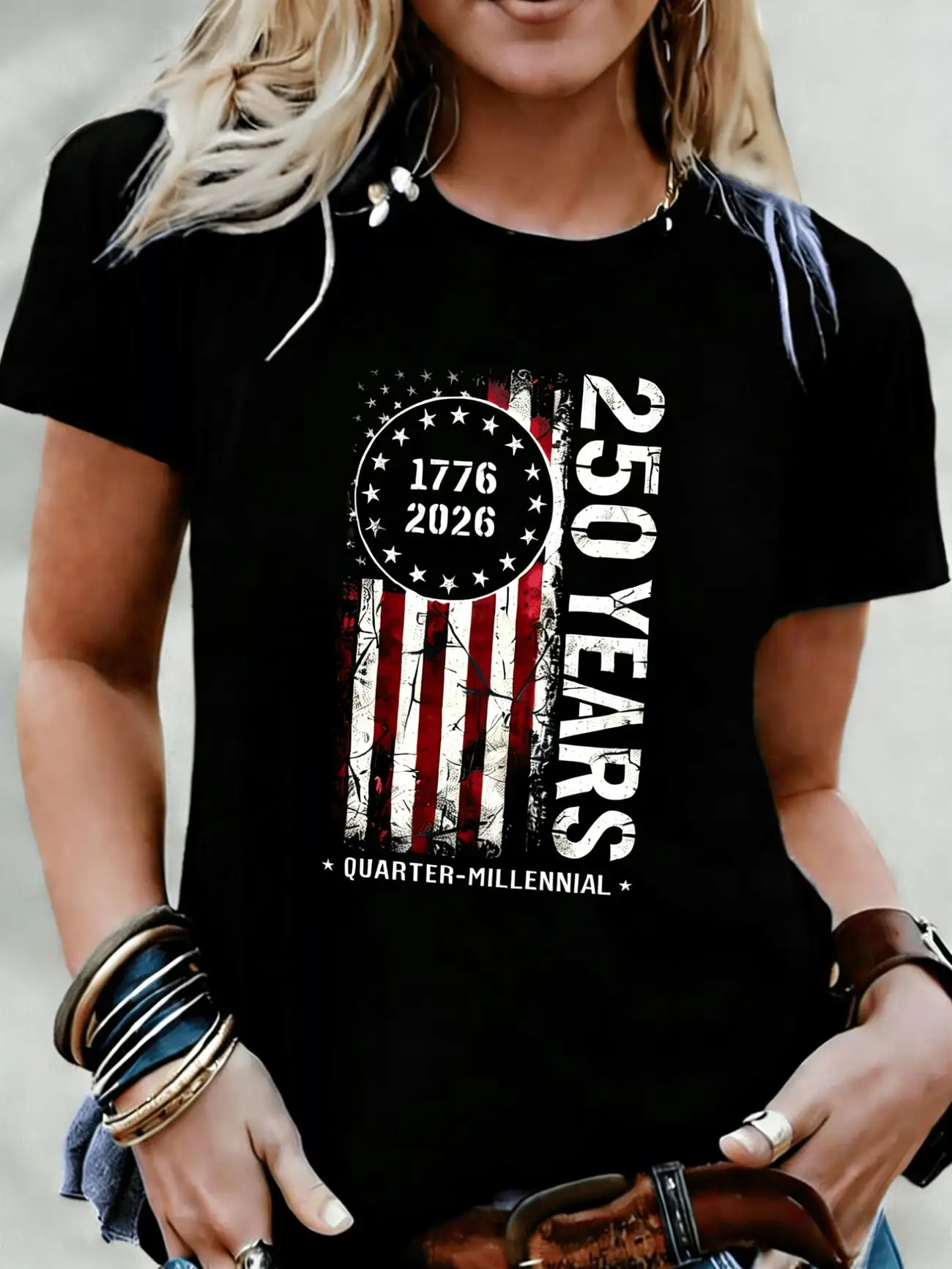 

Plus size women's short sleeve T-shirt American Flag 1776 2026 Quarter Millennial soft and comfortable fabric summer outfits