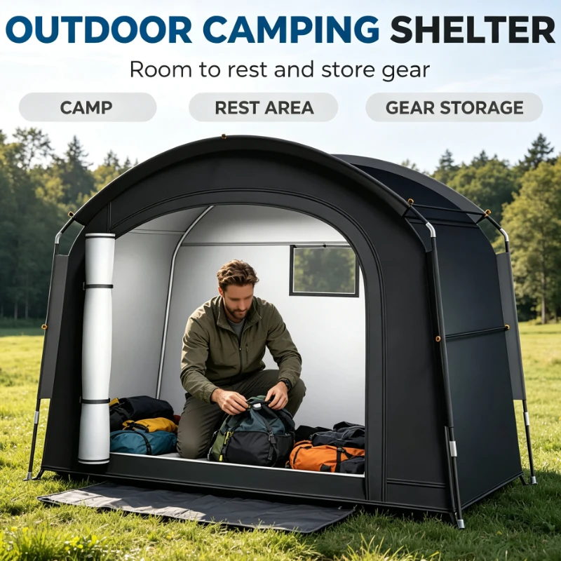 Black Portable Bike Storage Tent With Waterproof Oxford Fabric And Ventilation Window For Outdoor Camping And Garden Shed