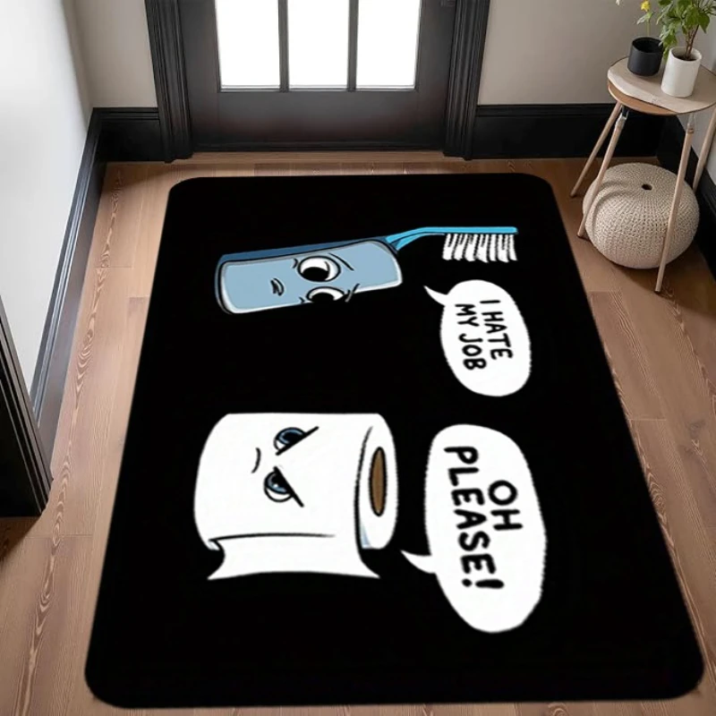 Funny Bathroom Doormat - Cartoon Toothbrush & Toilet Paper Entry Rug, Humorous Quote Floor Mat, Non-Slip, Multiple Sizes