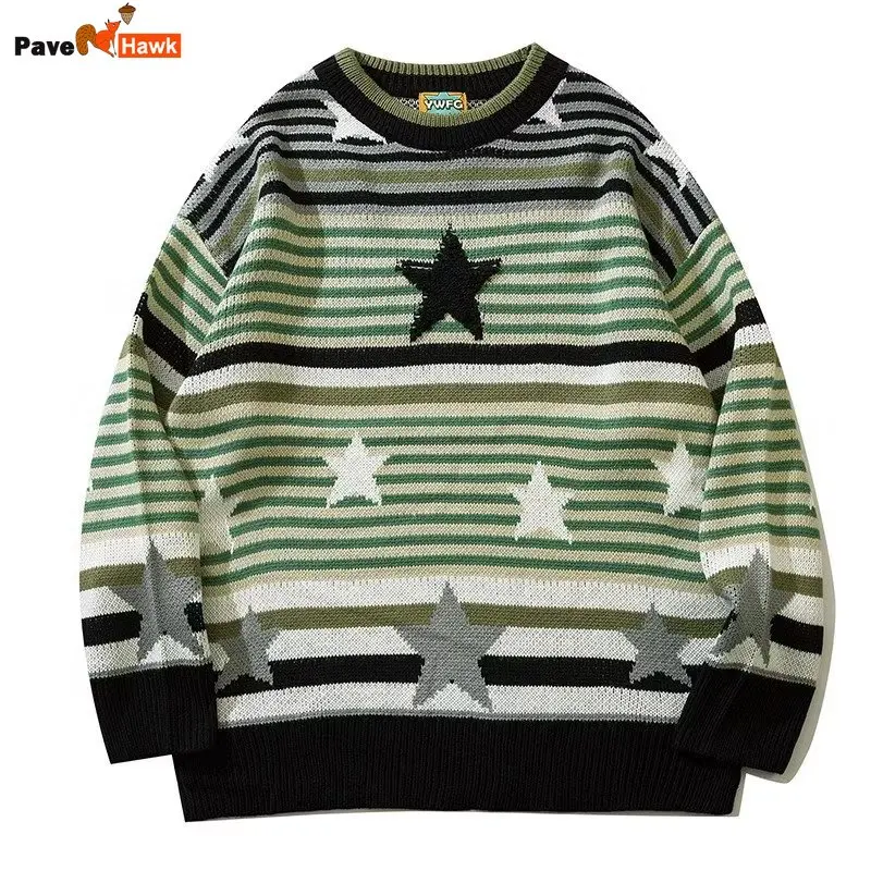 

Stripe Knitted Sweater Men Women Star Color Block Casual Sweater Fashion Unisex Hip Hop Loose Autumn Winter Pullover Jumpers