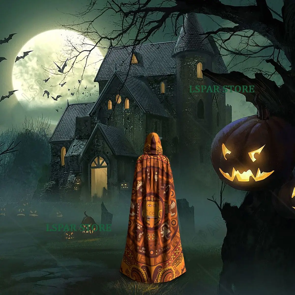 Fotografia 5: Calendário Asteca em Nova Capa Laranja com Capuz para Festa de Halloween Cosplay Mulher Homem Adulto Longa Túnica de Bruxaria com Capuz
