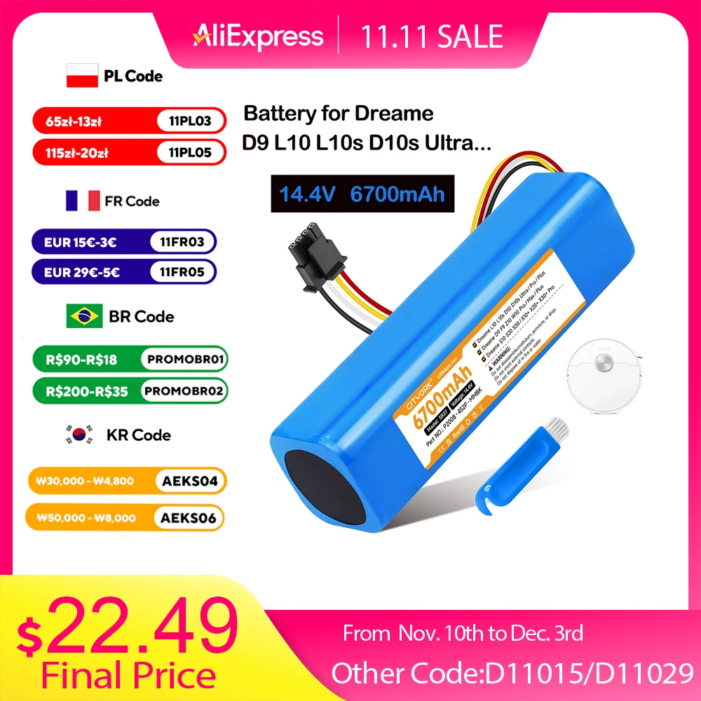 

Сменный аккумулятор P2008-4S2P-MMBK 14,4 В, 6700 мАч для Dreame D9 L10 F9 L10s Ultra D10s Z10 W10 Pro Plus S10 X10 X20, аксессуары