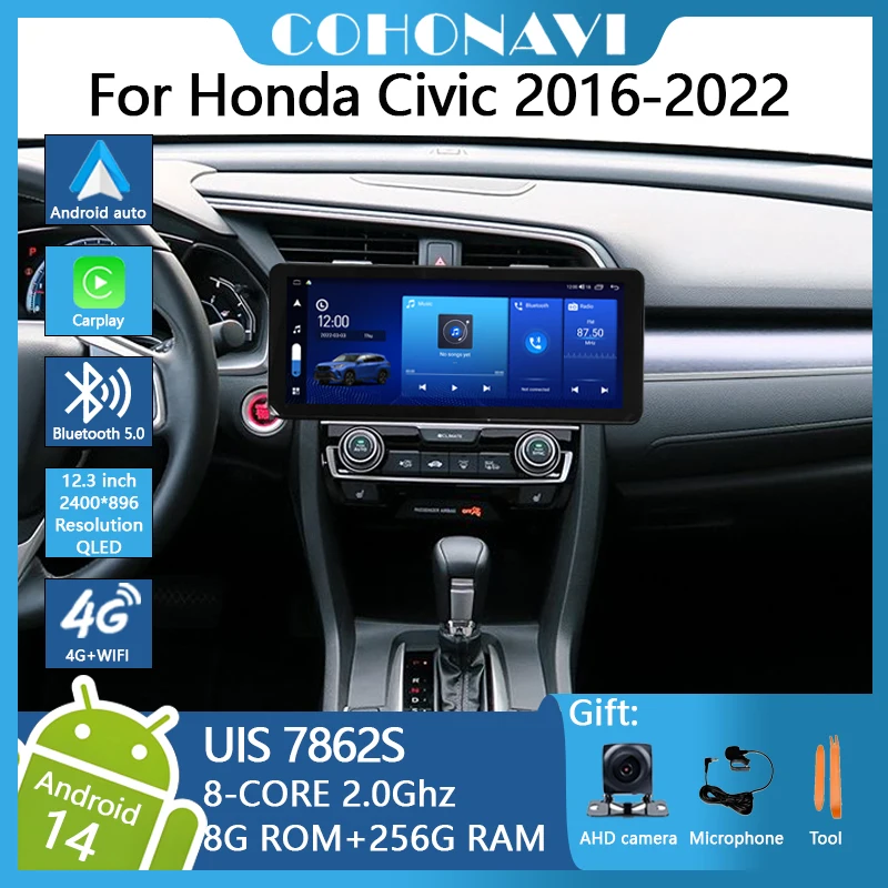 

For Honda Civic 2016-2022 Car Video Play Radio Gps Navigation Android14 octa core 8+256G 12.3inch 2400*896 Android auto