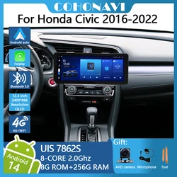 For Honda Civic 2016-2022 Car Video Play Radio Gps Navigation Android14 octa core 8+256G 12.3inch 2400*896 Android auto
