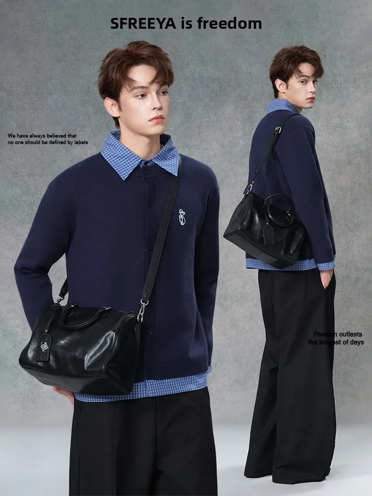 Top Layer Cowhide Leather Crossbody Bag Boston Pillow Style Casual Handbag Single Shoulder Bag Trendy for Young Men And Women