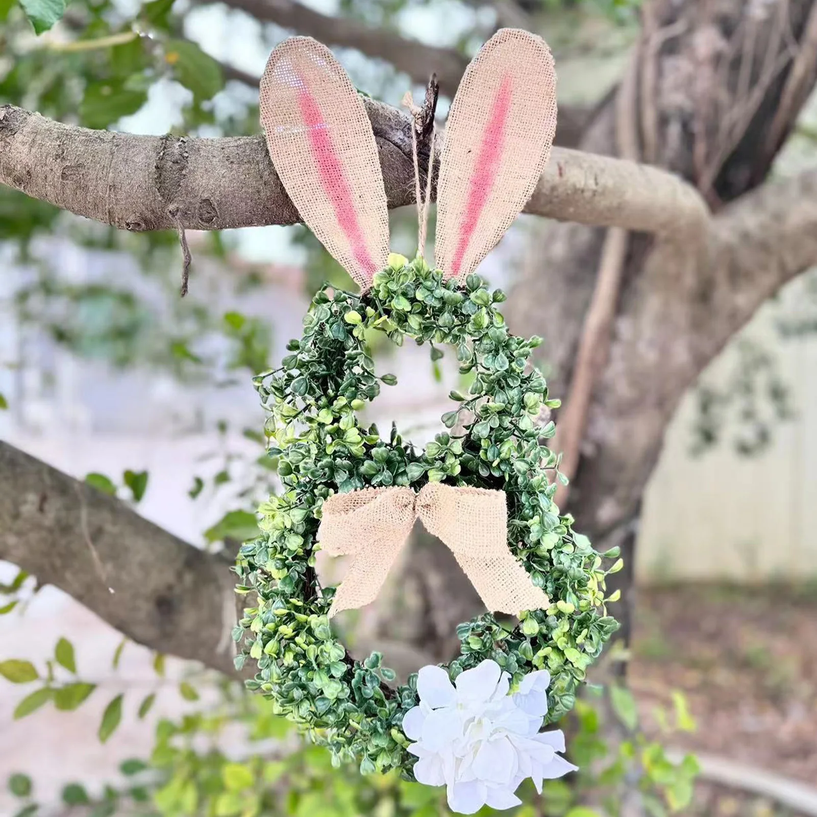 2025 Easter Decoration Door Sign Artificial Green Plant Rabbit Shaped Gate Door Wall Window Pendants Lovely Home Decoration Prop