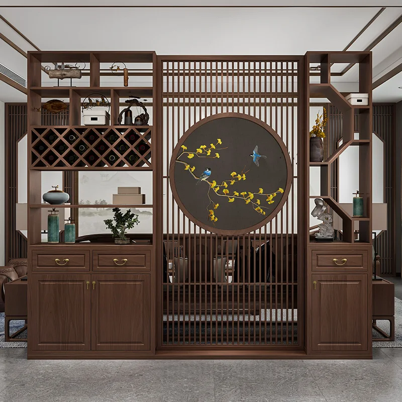 New Chinese embroidery screen partition living room antique rack hall cabinet wine cabinet modern Chinese style