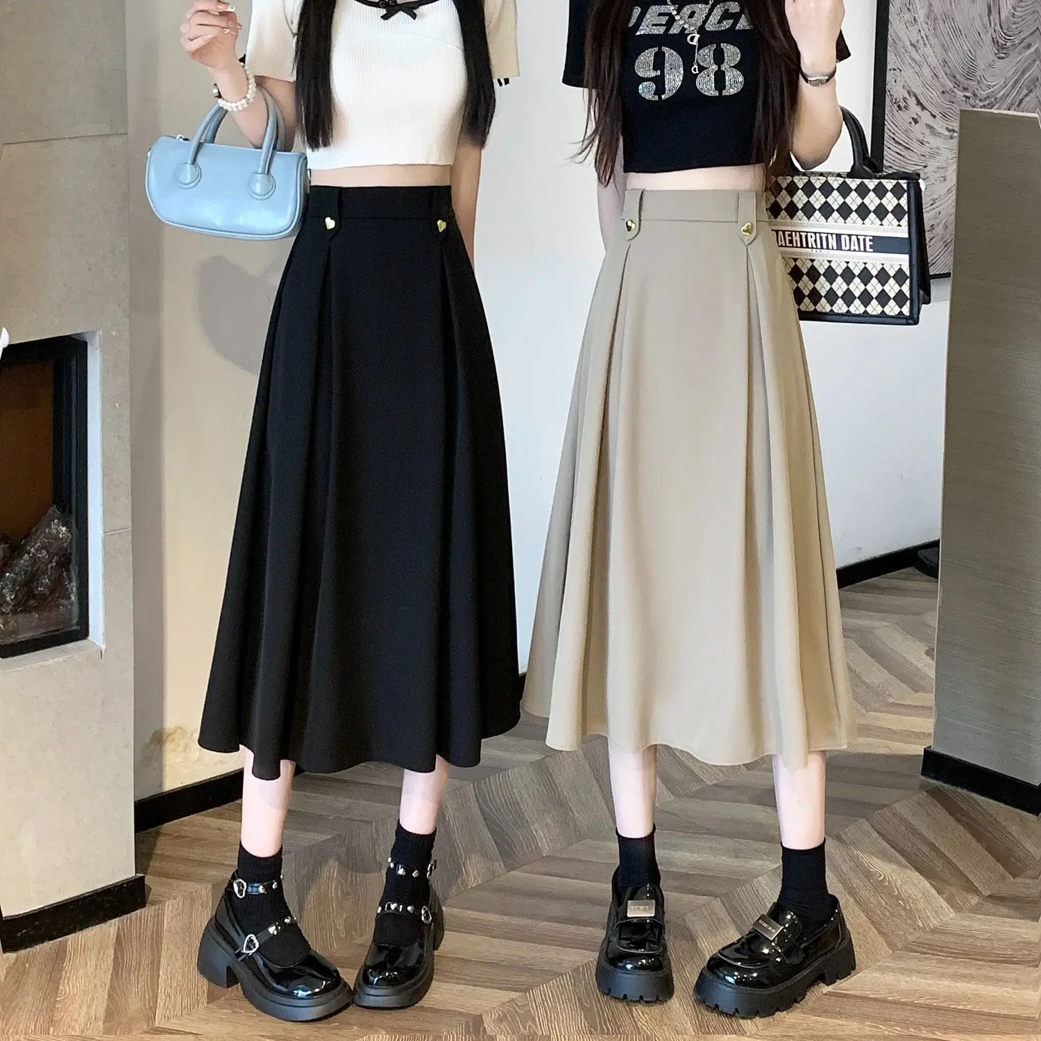 

Spring and Summer High Waist Slimming Pleated Mid Length Skirt Summer Pleated Skirt Small Skirt