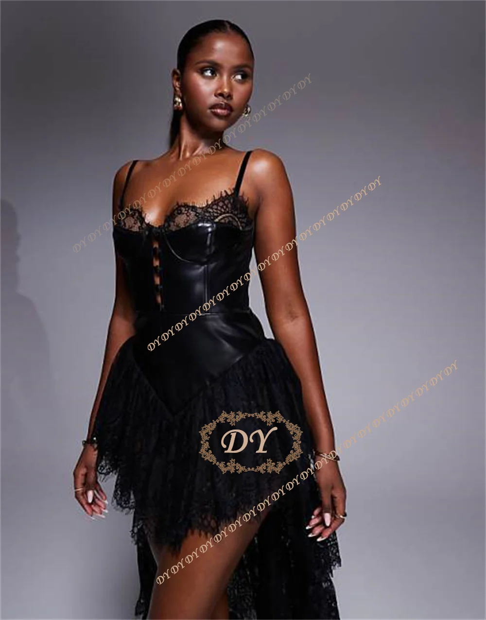 DY Sexy Black Leather Lace Prom Party Dresses Spaghetti Straps High-Low Length Bridesmaid Gown Customized Vestidos De Fiesta