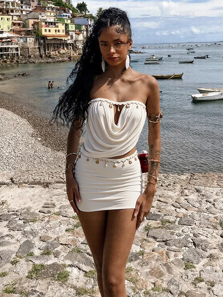 

Kliou Shell Decoration 2 Piece Set Woman Sexy Chest Wrap Backless Tank Tops+Skinny Mini Skirts Vacation Beach Party Style Suits