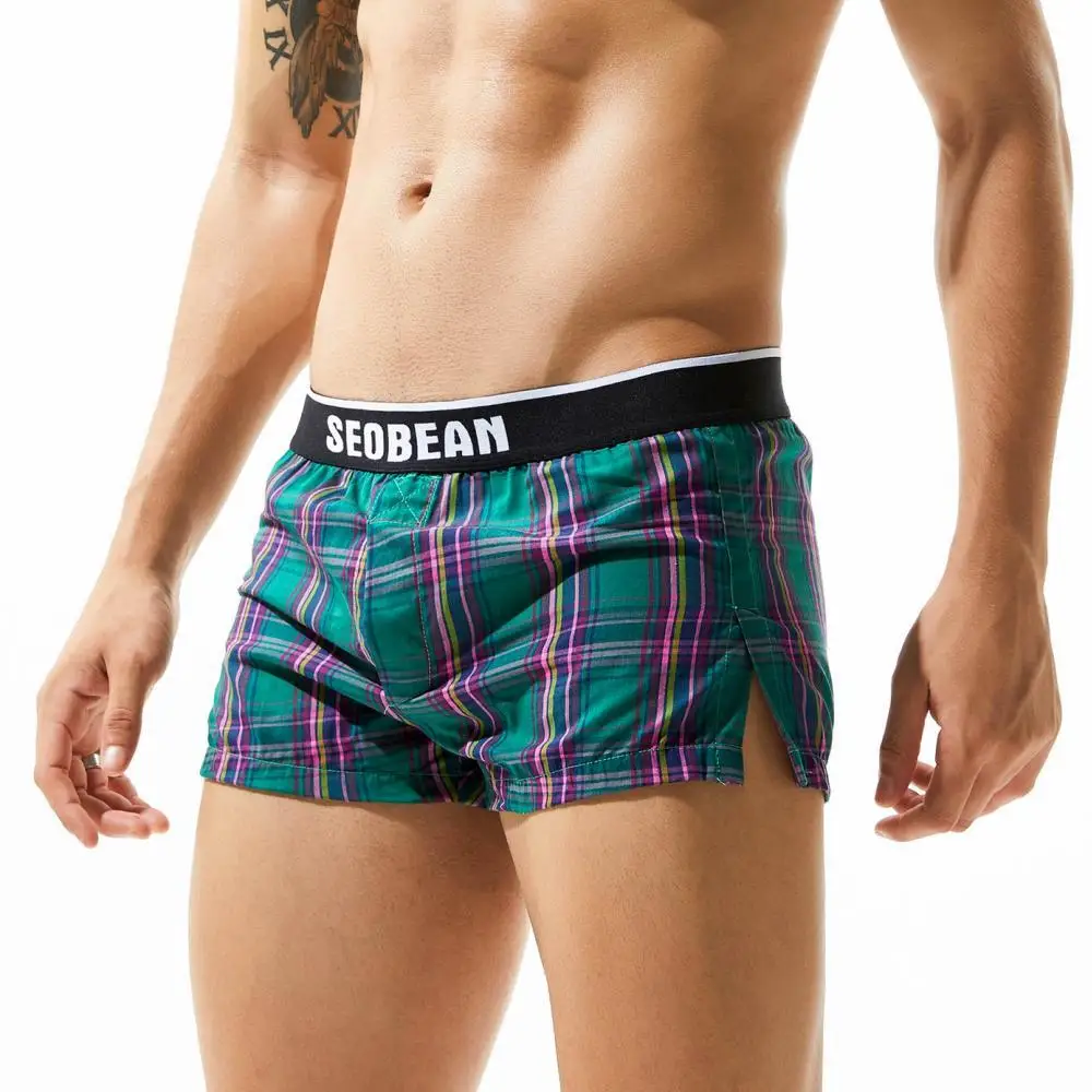 SEOBEAN Classic Plaid Mens Boxer Shorts 100% Cotton Underwear Boxershorts U convex Pouch Arrow Panties Shorts Men Sleep Bottoms