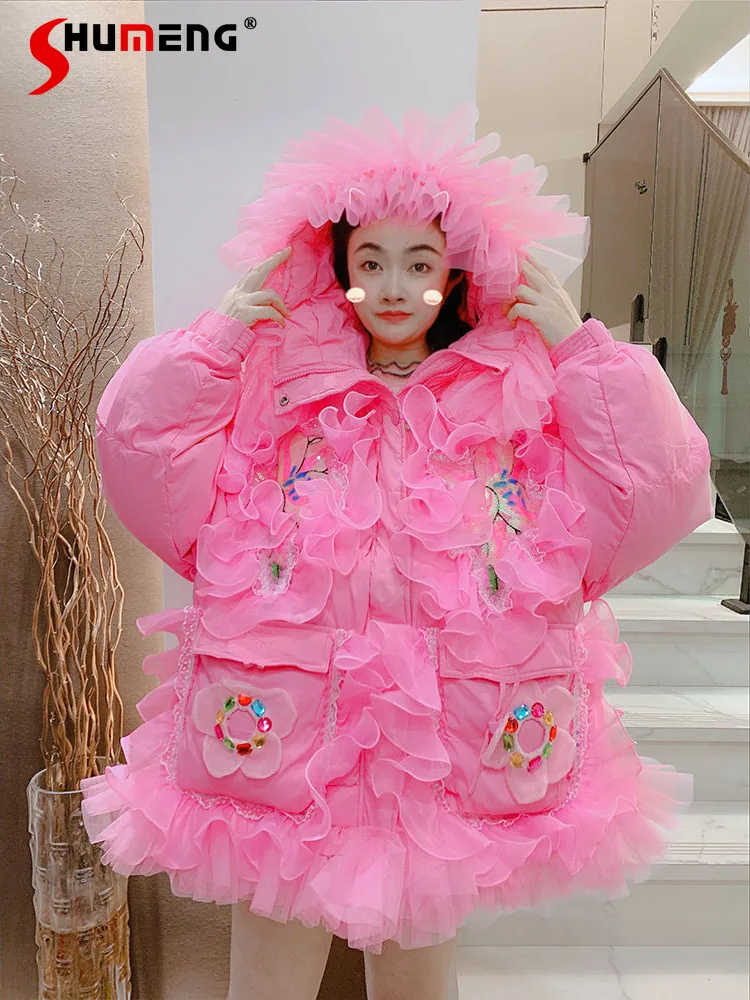 سترات نسائية موضة شتاء 2025 جديدة بحافة أوراق اللوتس الحلوة مع قلنسوة وجيب مزدوج معاطف عصرية للأسفل معاطف سميكة دافئة للأسفل #1