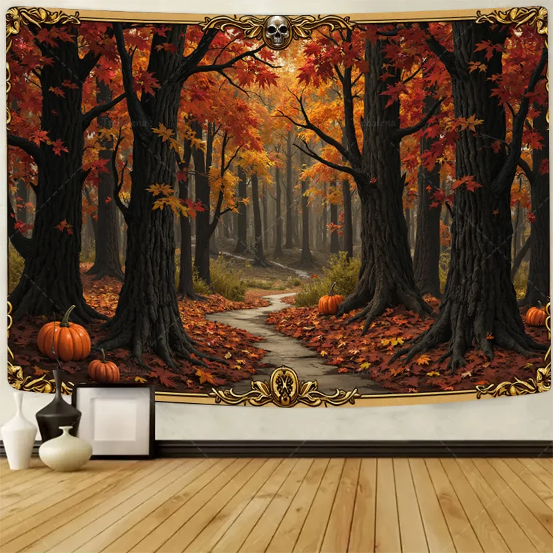

1pc Wall Tapestry Autumn Forest Pathway with Pumpkins Halloween Decorative Tapestry