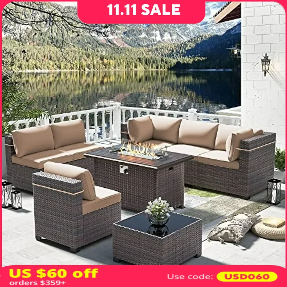 8 Piece Outdoor Patio Furniture Set with Gas Fire Pit Table, 43in Propane Fire Pit, 55,000 BTU Auto-Ignition Firepit Wind Guard