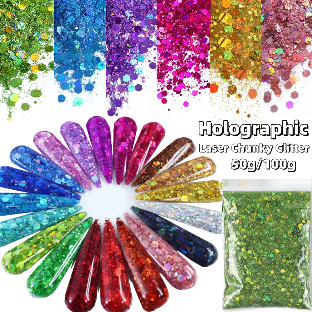 100g/50g Chunky Glitter Holographic Laser Flakes Nail Glitter Powder Jewelry Making Diy Resin Art Craft Fine Iridescent Sequins