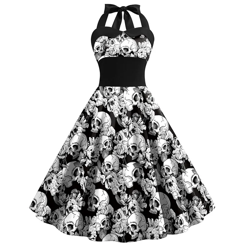 TARAF Summer Vintage Retro 50s 60s Skull Rose Floral Printed Rockabilly Skater pin up swing Flare dress Plus size 4XL 5XL