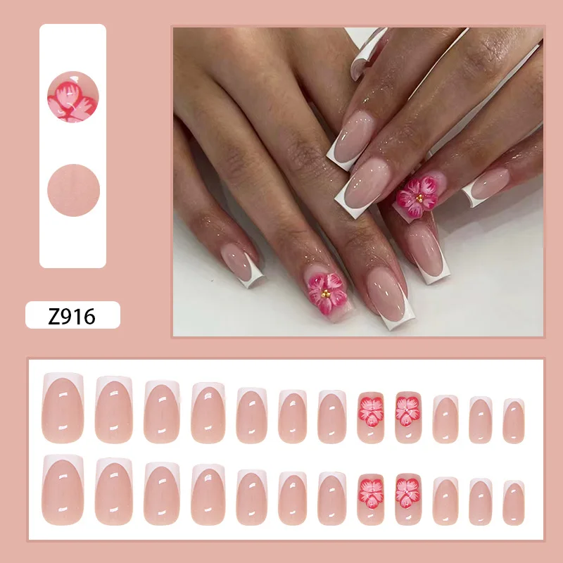Parches de uñas postizas francesas, puntas de uñas postizas en 3D, color rosa rubor, diseños de flores, manicura Simple usable, 24 piezas
