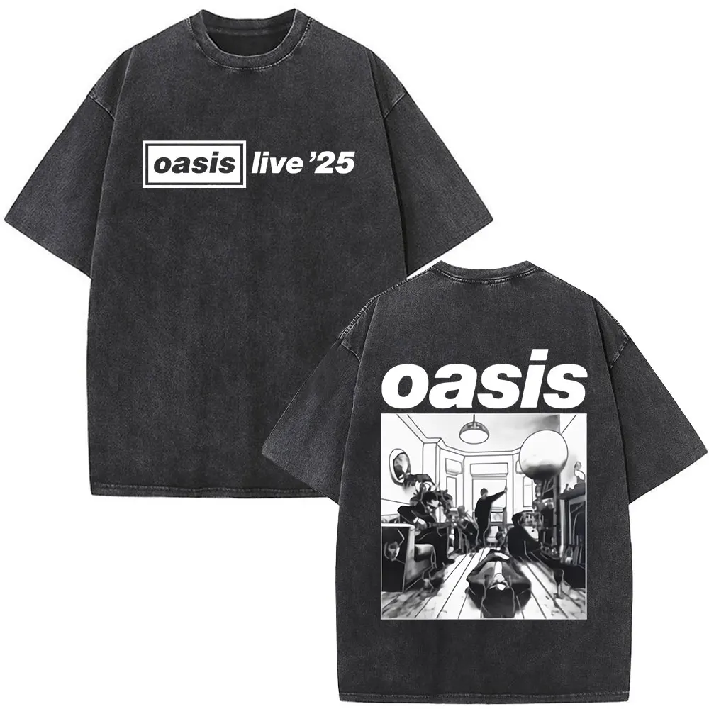 O-Oasis T-Shirts British Rock Band Vintage Washed T-shirt Men Women Clothing Cotton Casual Short Sleeve T Shirts Tops Streetwear image 5