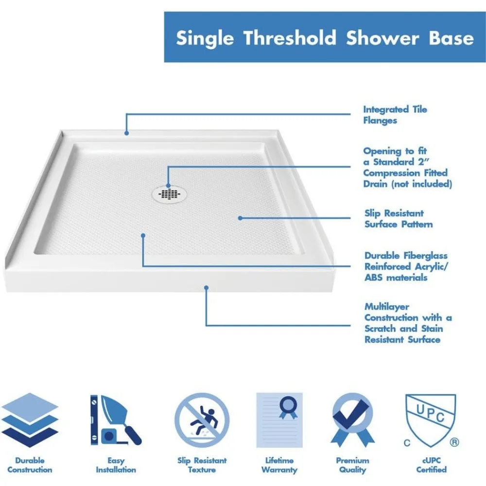 36 in. D x 36 in. W x 2 3/4 in. H Center Drain Single Threshold Shower Base in White Item Weight ‎35.3 pounds