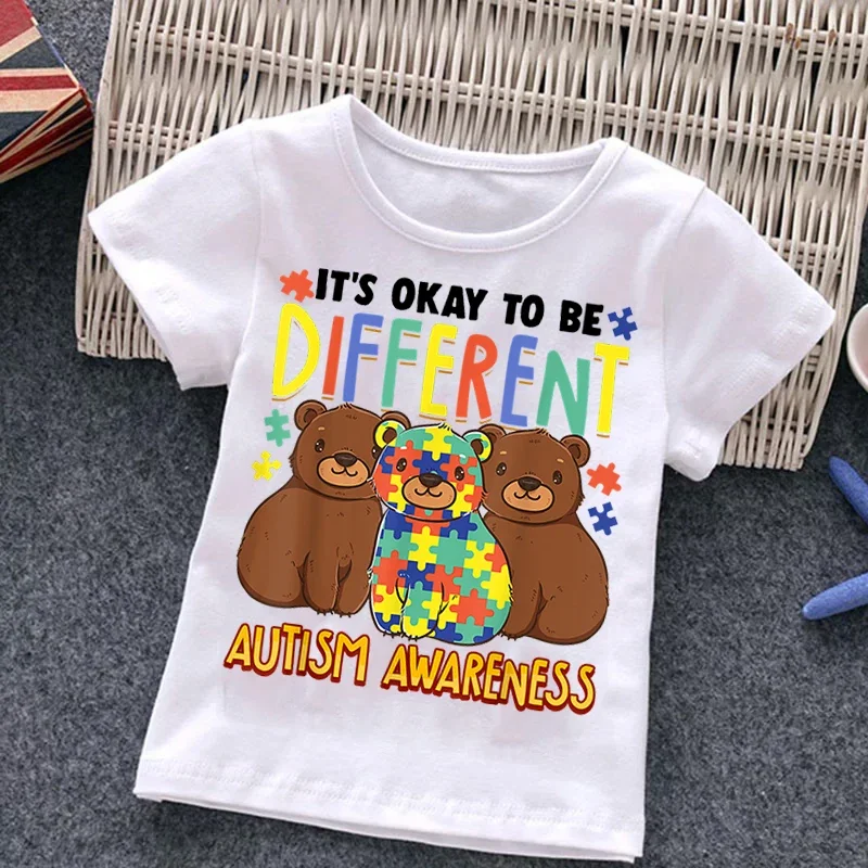 Autismo crianças menino camiseta meninas dos desenhos animados quebra-cabeça topos bonito bebê algodão roupas de verão da criança dinossauro t camisas crianças traje