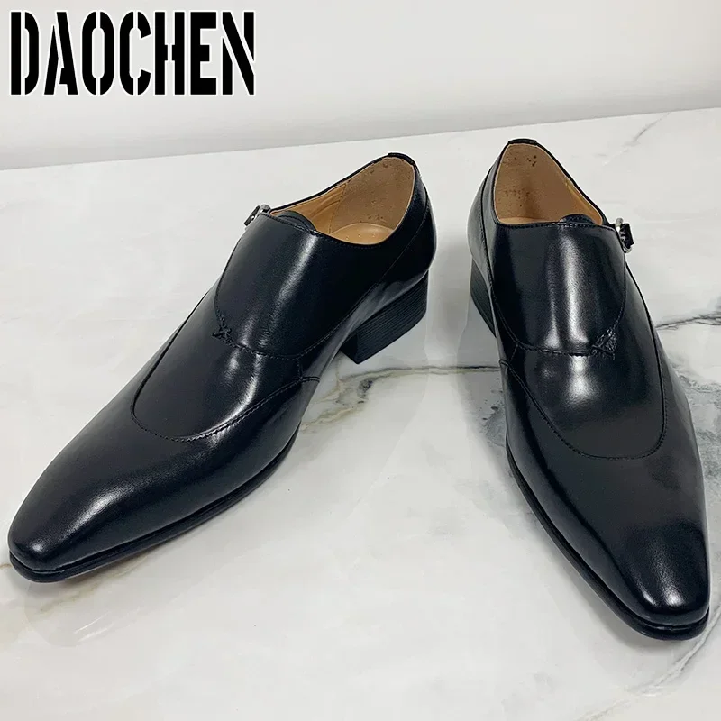 Luxury Brand Men Shoes Pointed Toe Buckle Strap Loafers Casual Dress Man Shoes Wedding Office Genuine Leather Mens Shoes