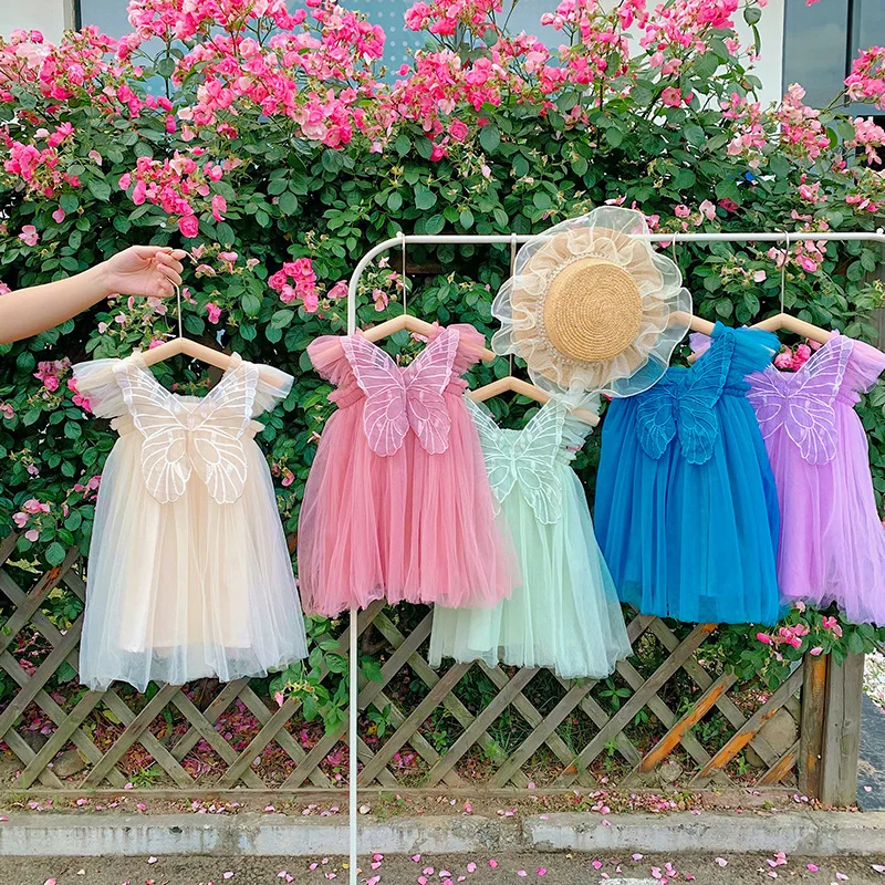 

Butterfly Wings Girls Gauze Dress 2025 New Summer 1-7 Years Old Girl Baby Princess Dress Solid Color Peng Peng Dress