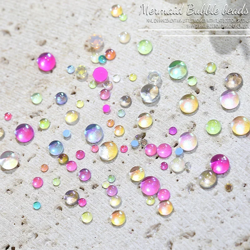 100Pcs Fantasy Mermaid Bubble Beads Nail Art Rhinestones Mix Color Macaron Flat Bottom Nail Jewelry Charms
